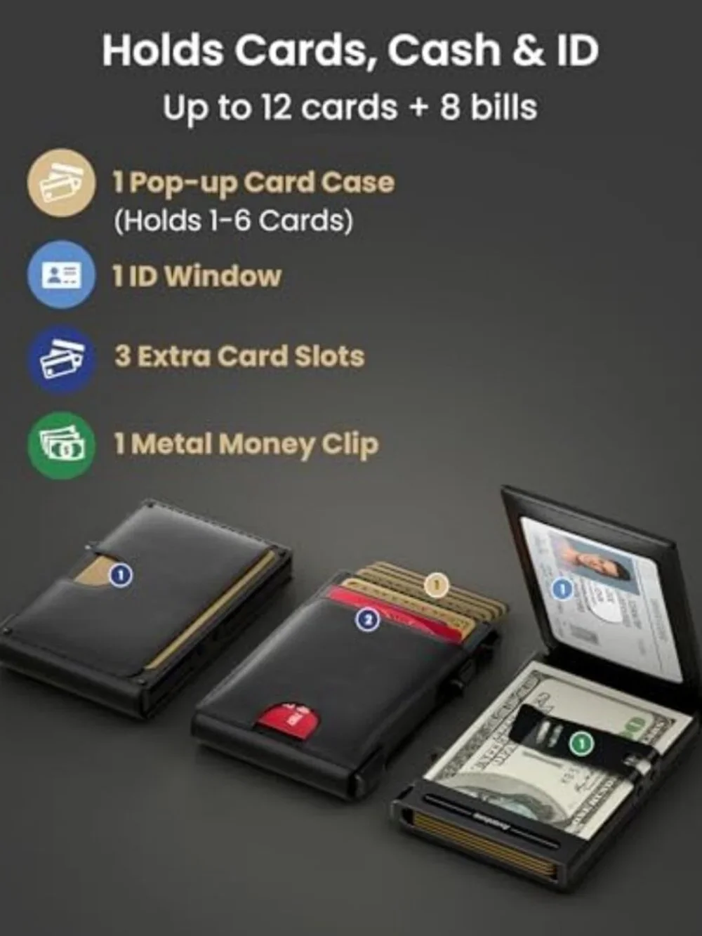 Slim RFID Blocking Wallet for Men - Genuine Leather Card Holder, Pop Up Case, 12